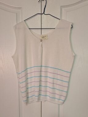 Classic White Sleeveless Knit Tank with Blue & Lavender Stripes
